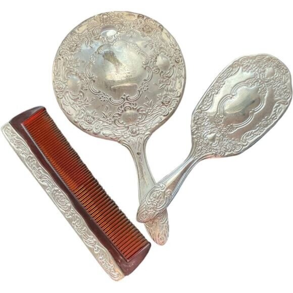 Antique Silver Plated Vanity Set With Brush Mirror & Comb - Picture 1 of 8